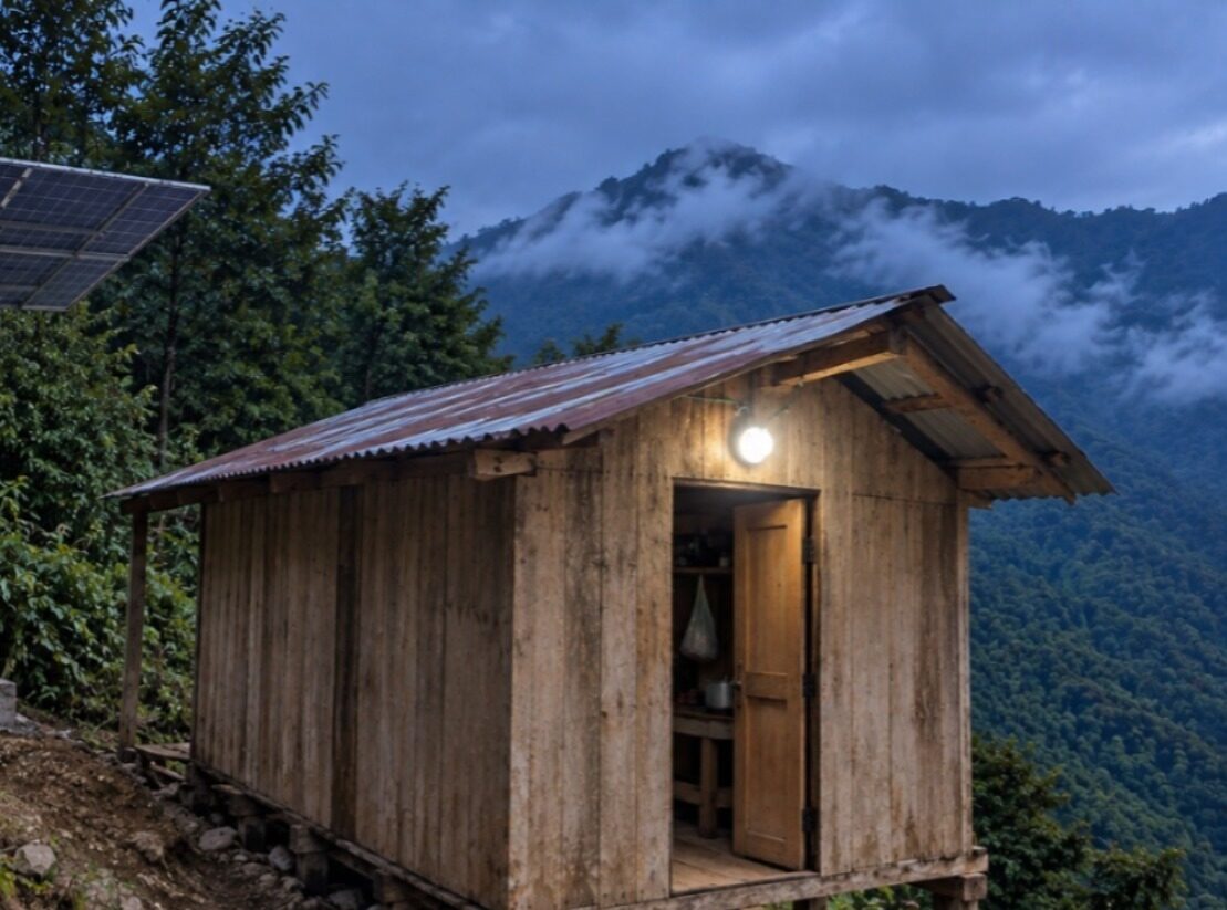 Vivienda rural iluminada con energía solar al anochecer